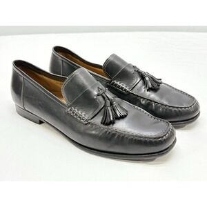 Santoni Black Calf Leather Tassel Slip-On Loafers Contrast Stitching Men's 12D